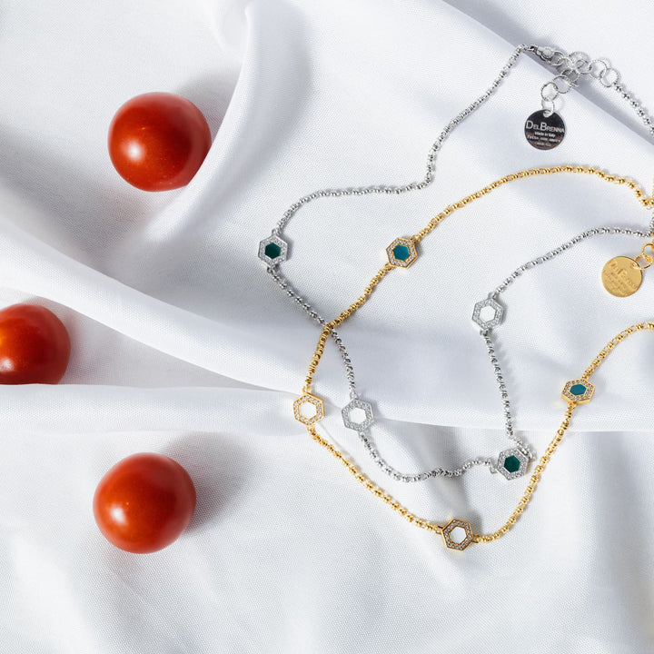 Deco Statement Necklace in Silver With Green, White & Pavé