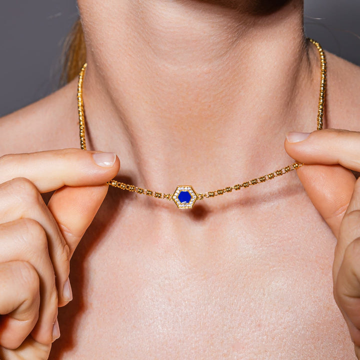 Deco Necklace in Gold With Blue, Turquoise & Pavé