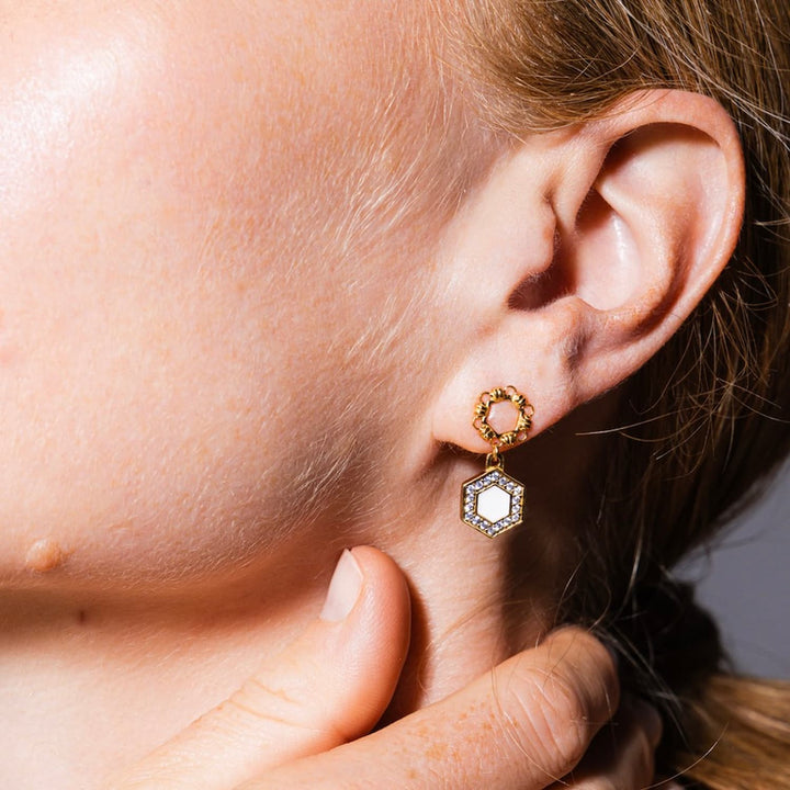 Deco Statement Earrings in Gold With White & Pavé