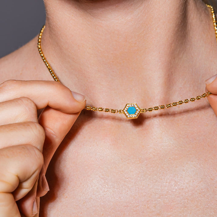 Deco Necklace in Gold With Blue, Turquoise & Pavé