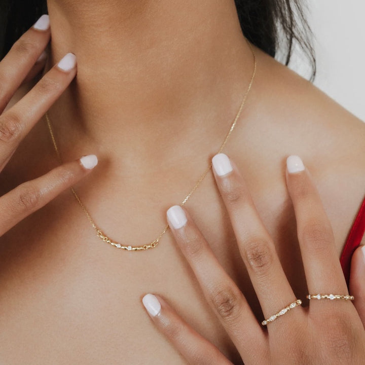 Half Moon Whisper Necklace in 14k Yellow Gold with Diamond Stations