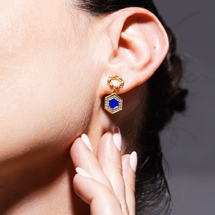 Deco Statement Earrings in Gold With Blue & Pavé