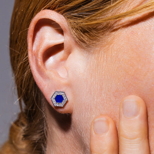 Deco Stud Earrings in Silver With Blue & Pavé