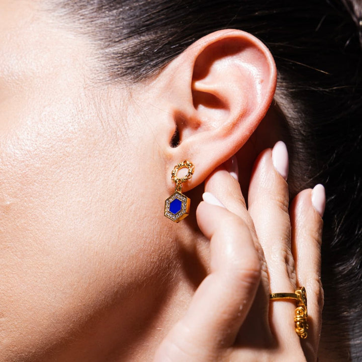 Deco Statement Earrings in Gold With Blue & Pavé