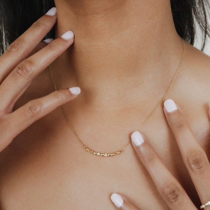 Half Moon Whisper Necklace in 14k Yellow Gold with Diamond Stations