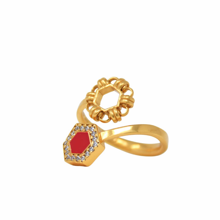 Deco Statement Ring in Gold With Red & Pavé
