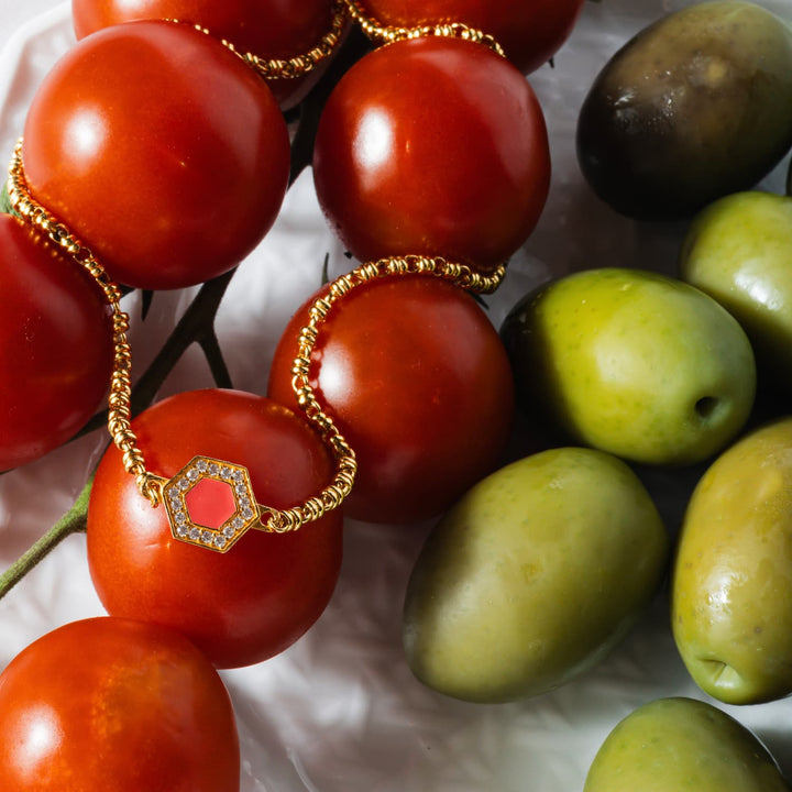 Deco Necklace in Gold With Red, Coral & Pavé
