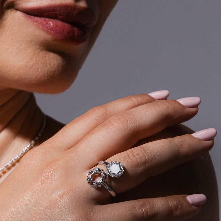 Deco Statement Ring in Silver With White & Pavé