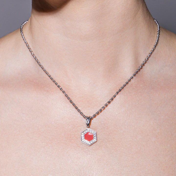 Deco Pendant in Silver With Red, Coral & Pavé