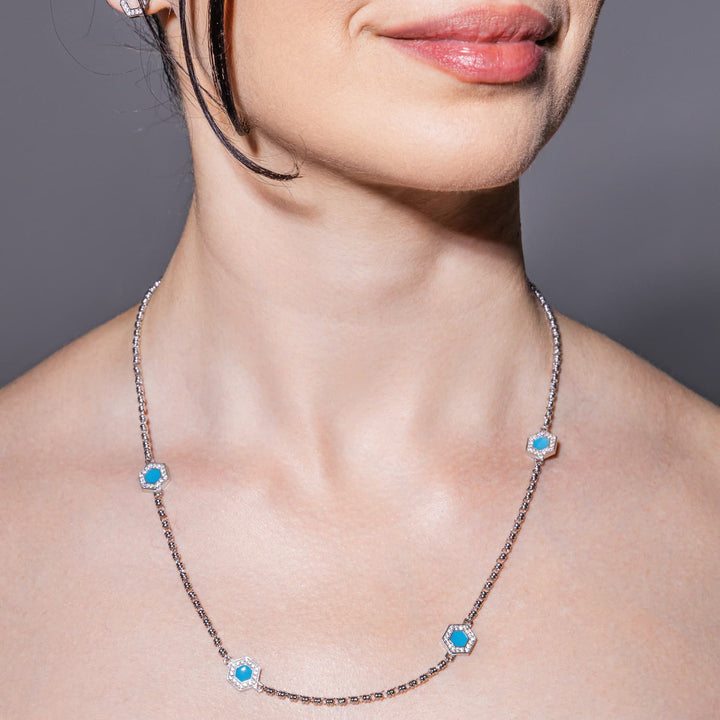 Deco Statement Necklace in Silver With Blue, Turquoise & Pavé