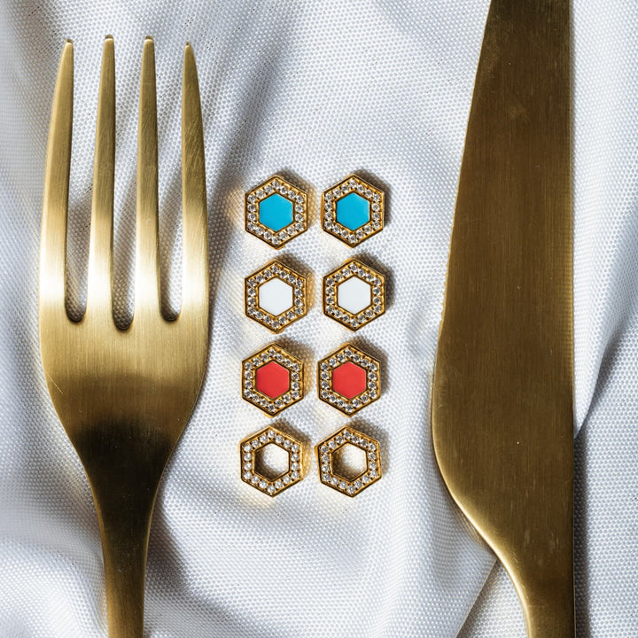 Deco Stud Earrings in Gold With Coral & Pavé