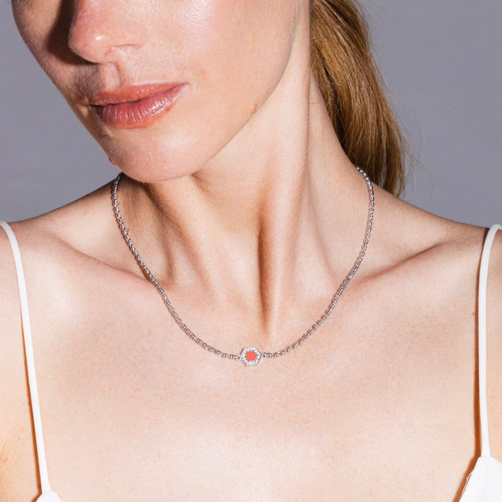 Deco Necklace in Silver With Red, Coral & Pavé