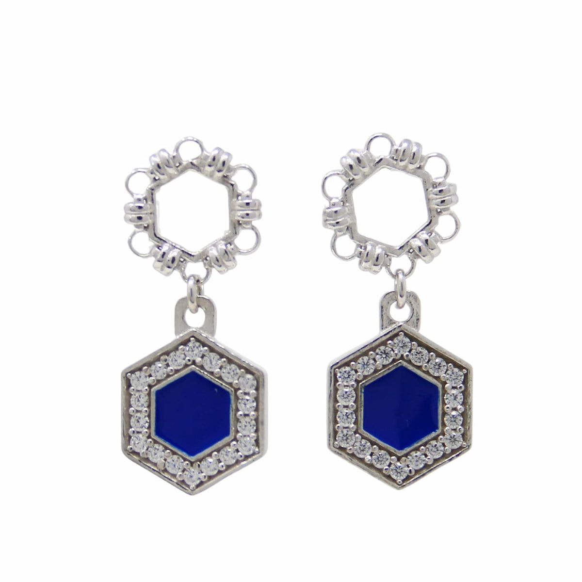 Deco Statement Earrings in Silver With Blue & Pavé