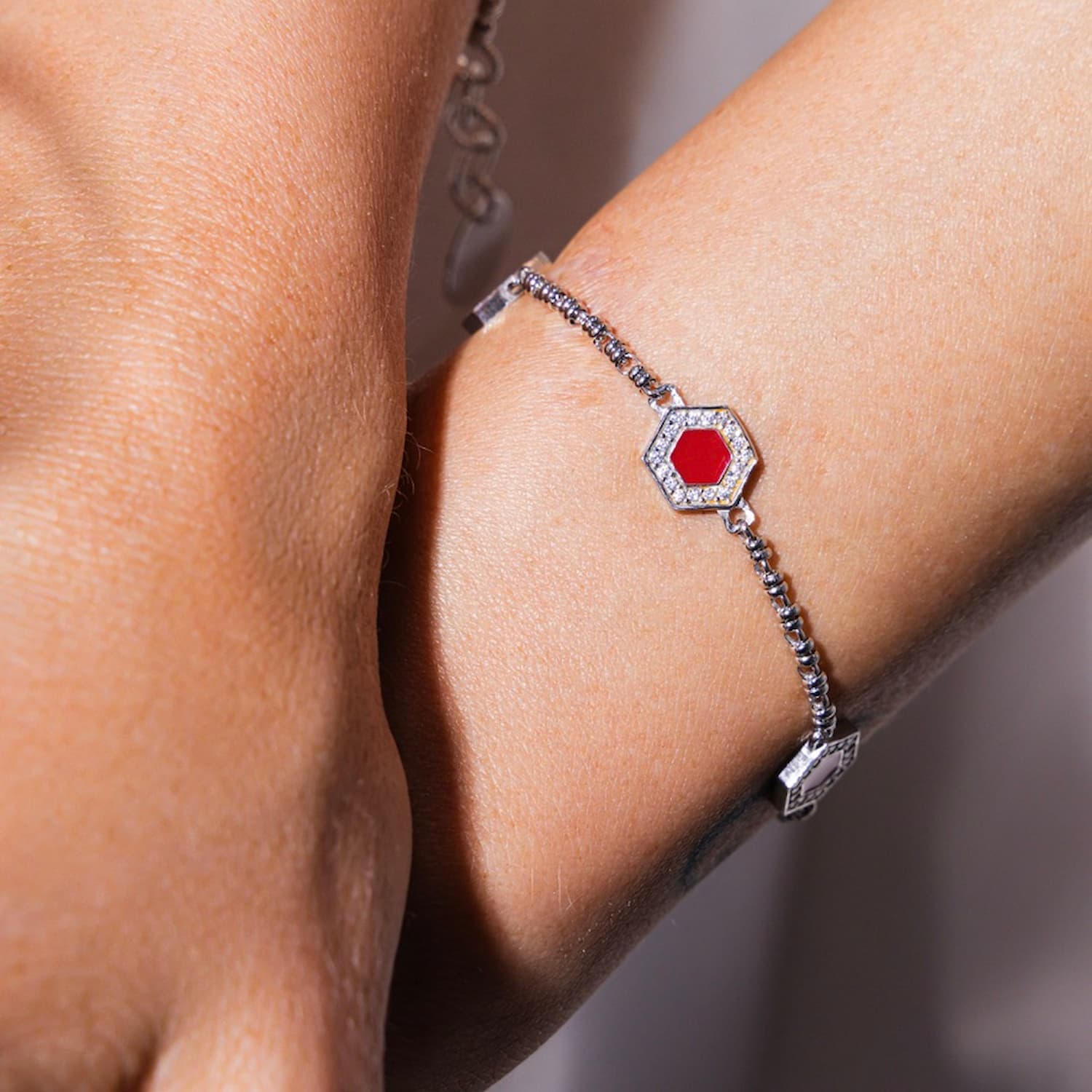 Deco Statement Bracelet in Silver With Red, Coral & Pavé