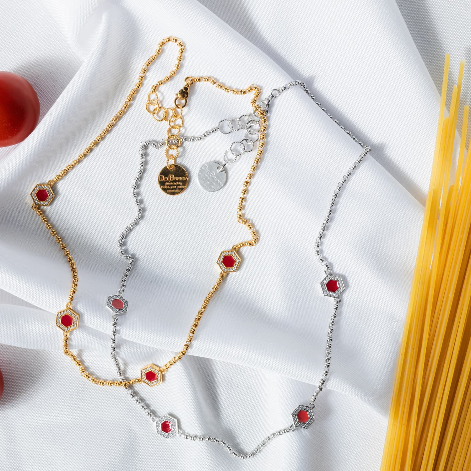 Deco Statement Necklace in Silver With Red, Coral & Pavé
