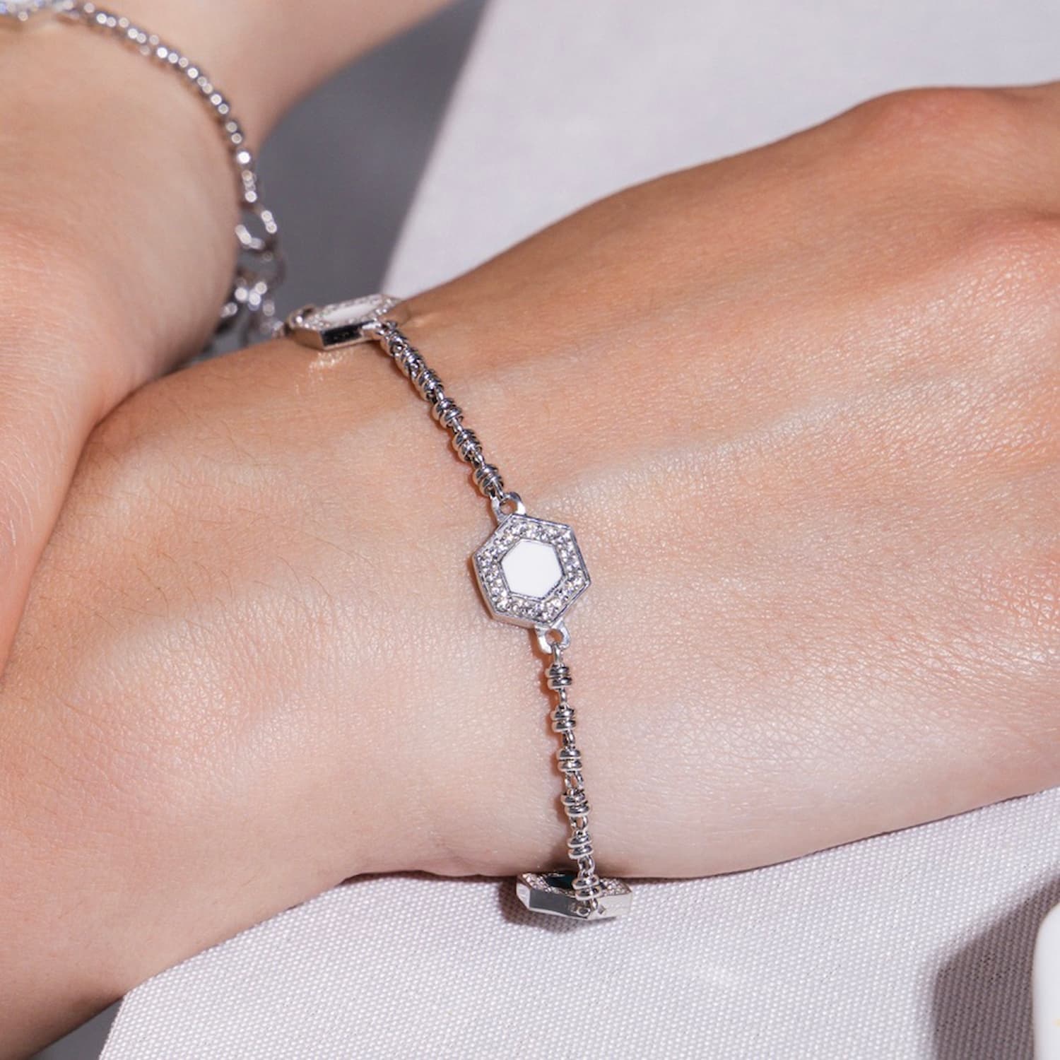 Deco Statement Bracelet in Silver With Green, White & Pavé