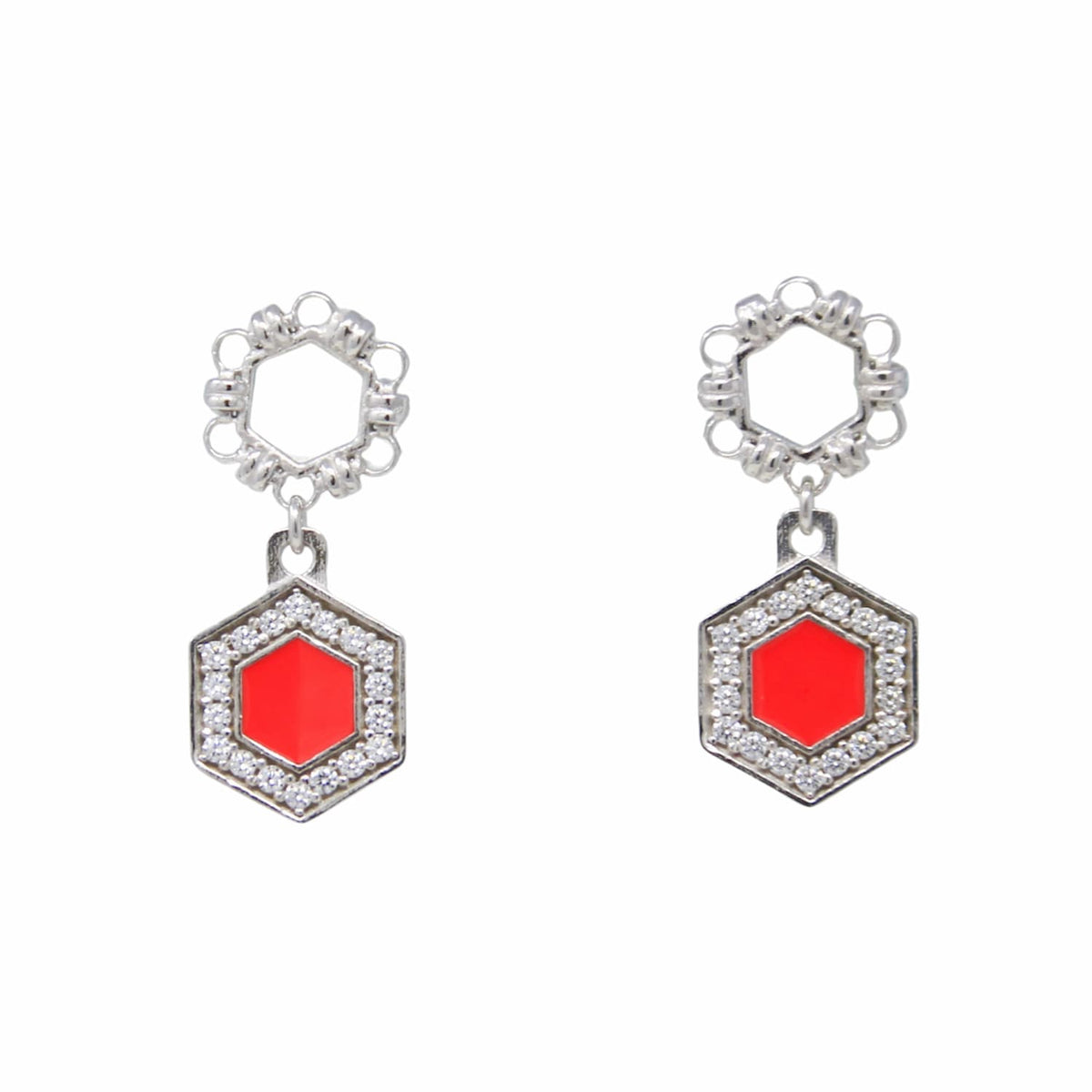 Deco Statement Earrings in Silver With Coral & Pavé