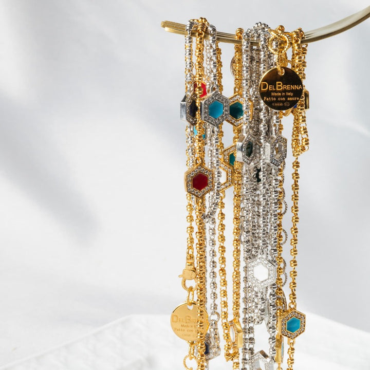 Deco Necklace in Gold With Red, Coral & Pavé