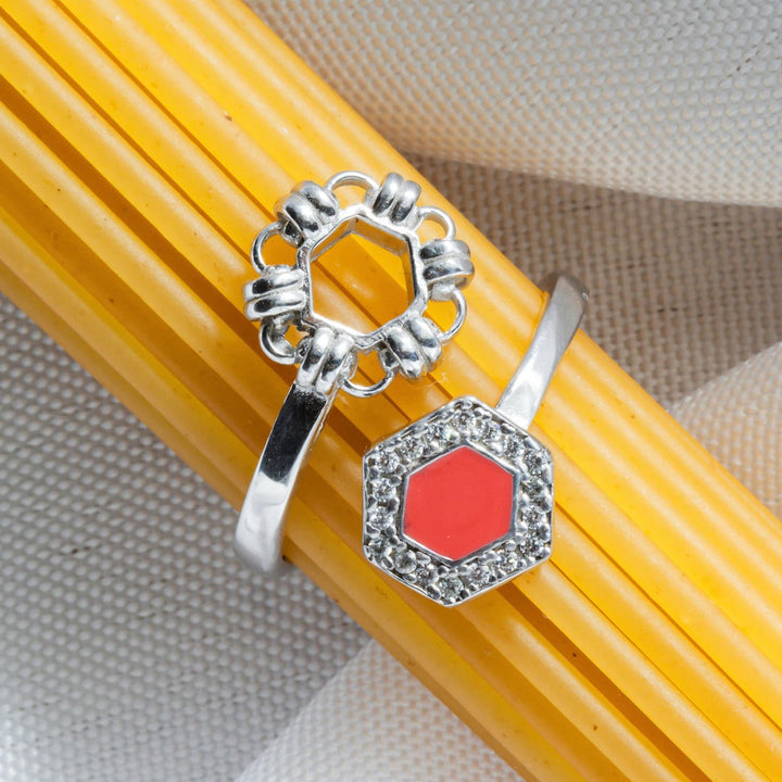 Deco Statement Ring in Silver With Coral & Pavé