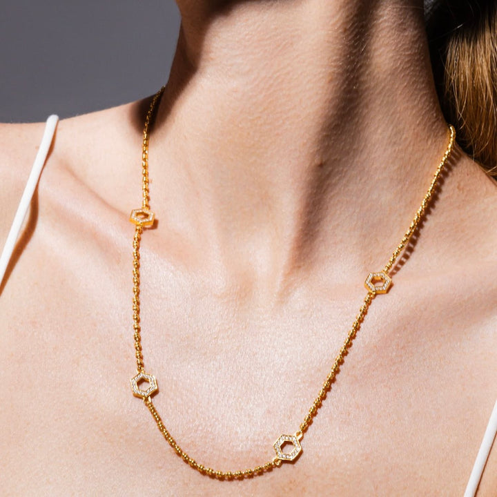 Deco Statement Necklace in Gold With Pavé