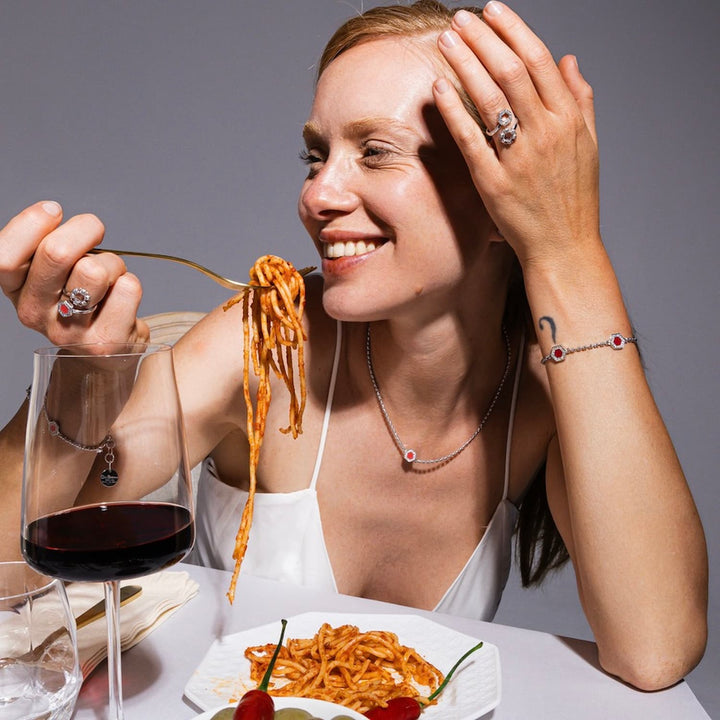Deco Necklace in Silver With Red, Coral & Pavé