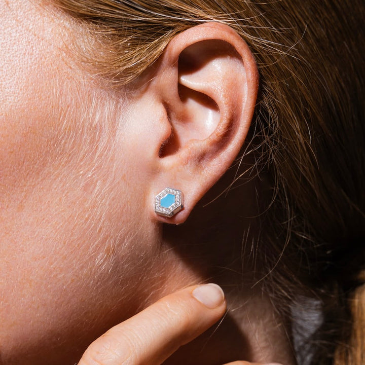 Deco Stud Earrings in Silver With Turquoise & Pavé