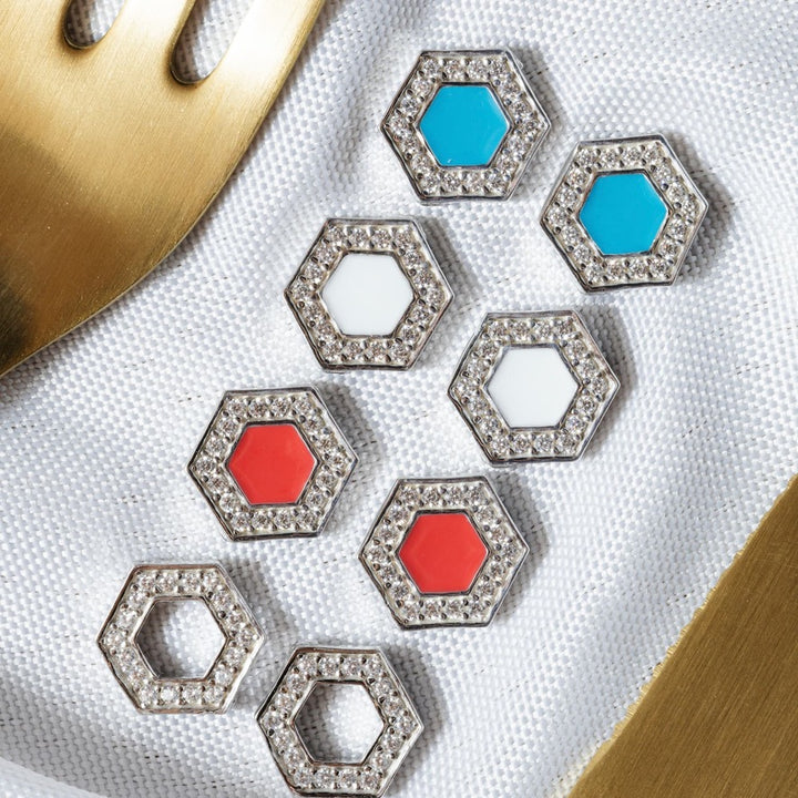 Deco Stud Earrings in Silver With Coral & Pavé