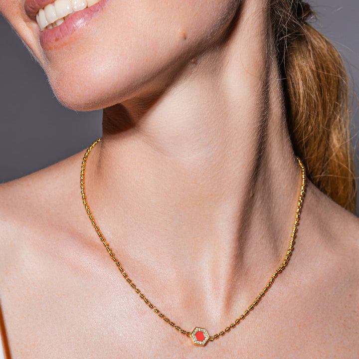 Deco Necklace in Gold With Red, Coral & Pavé