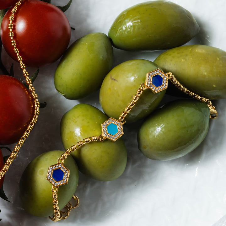 Deco Statement Bracelet in Gold With Blue, Turquoise & Pavé