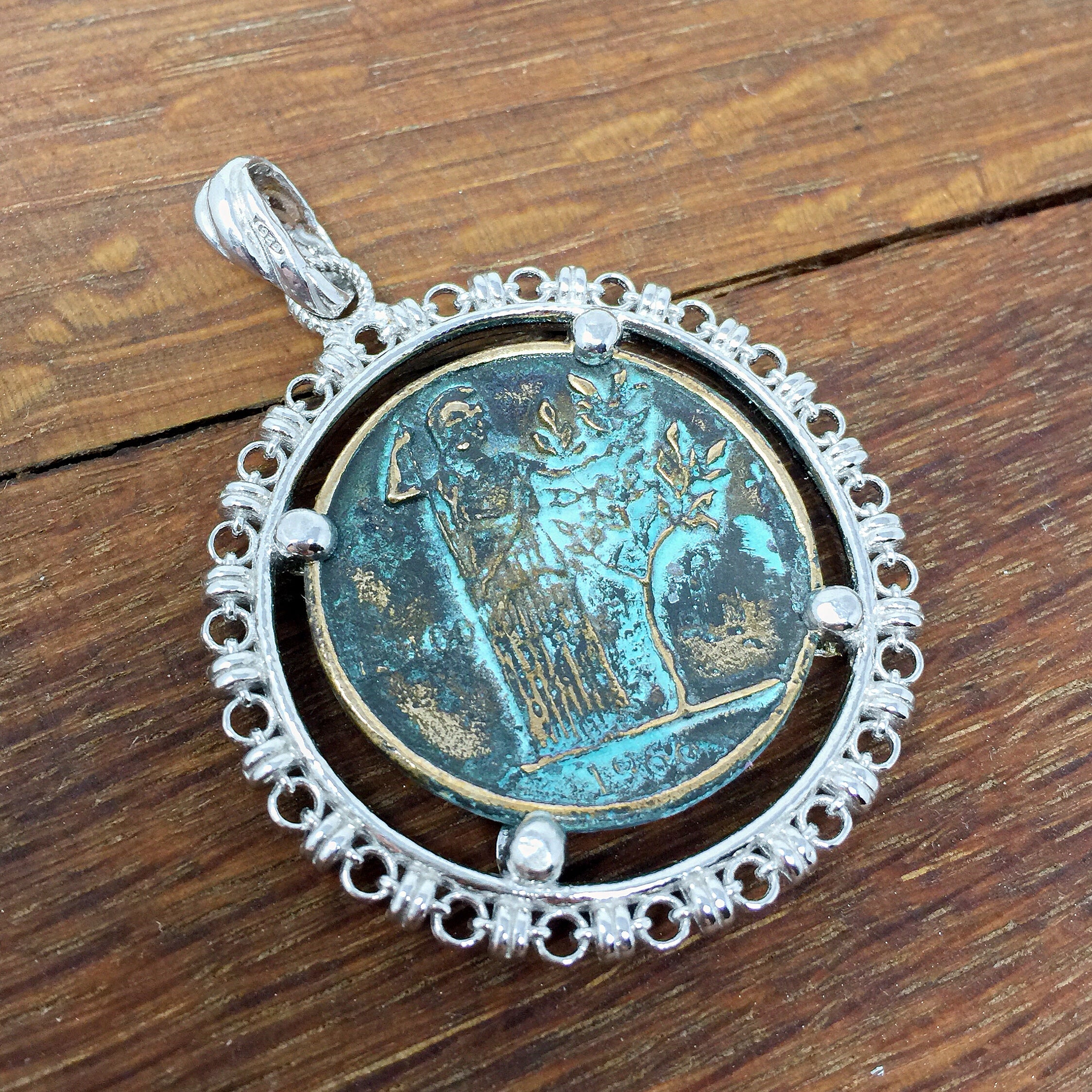 Large Filary Pendant in Silver with Italia Coin in Green Patina
