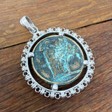 Large Filary Pendant in Green Patina & Silver with Italia Coin