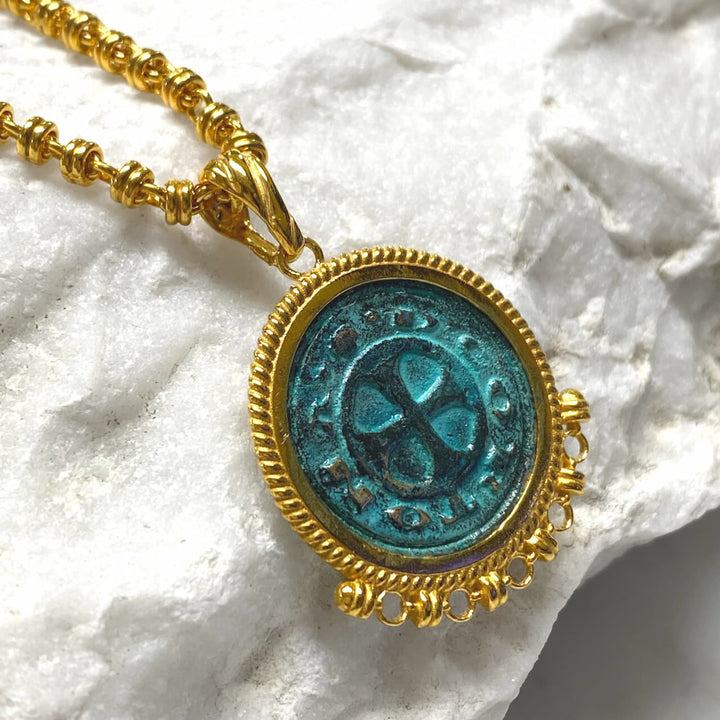 Demi Pendant in Gold with Cortona Coin in Green Patina