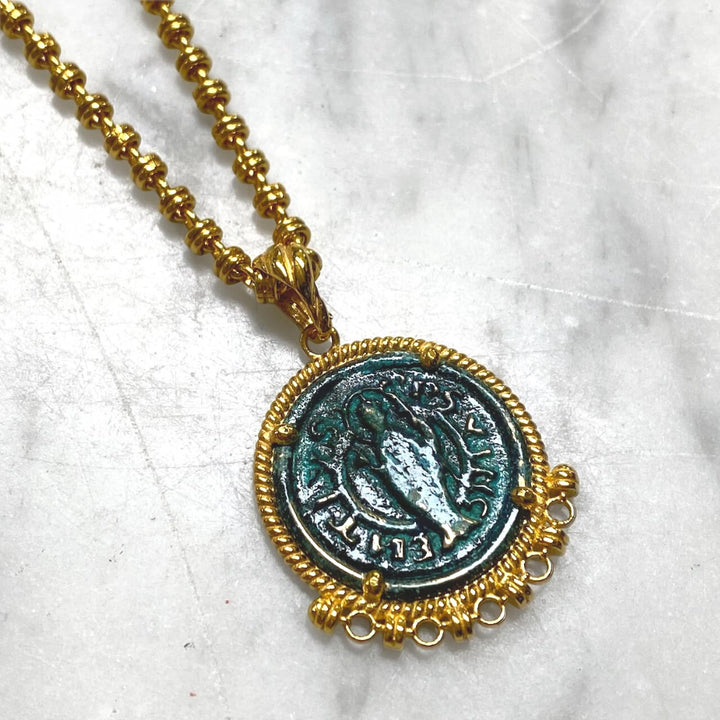 Demi Pendant in Gold with Cortona Coin in Green Patina