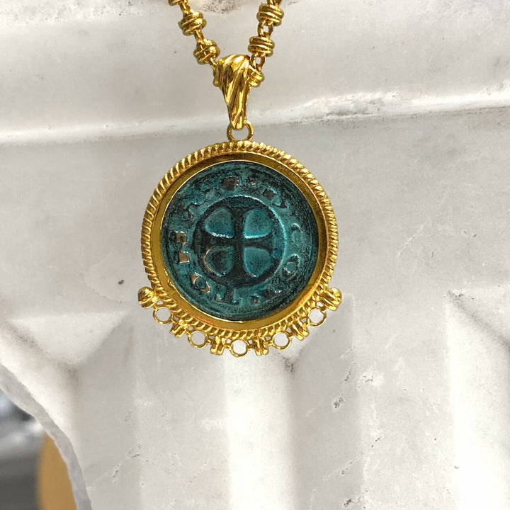 Demi Pendant in Gold with Cortona Coin in Green Patina