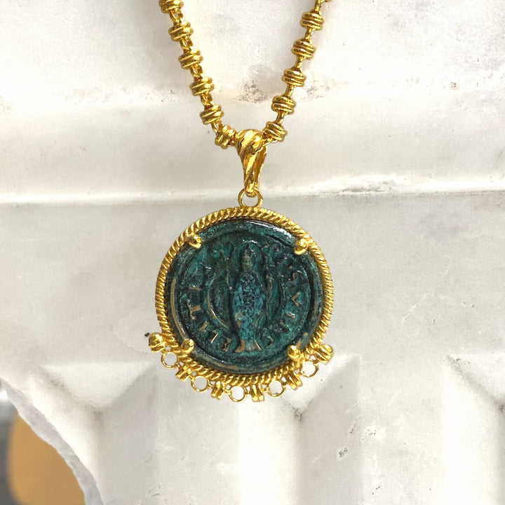 Demi Pendant in Gold with Cortona Coin in Green Patina