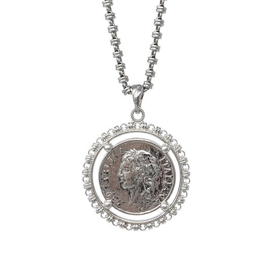 Large Filary Pendant in Silver with Italia Coin in Antique Silver