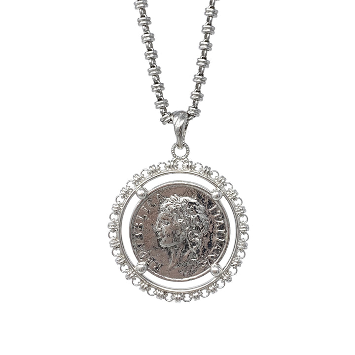 Large Filary Pendant in Silver with Italia Coin in Antique Silver
