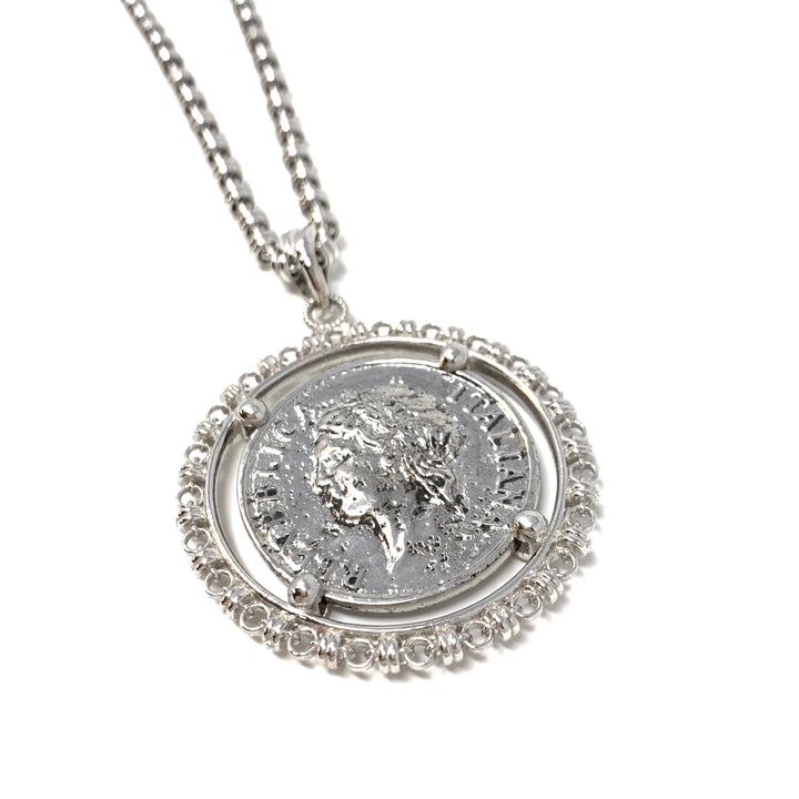 Large Filary Pendant in Silver with Italia Coin in Antique Silver