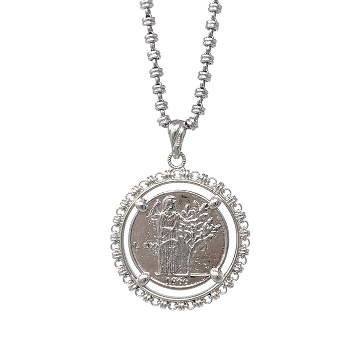 Large Filary Pendant in Silver with Italia Coin in Antique Silver