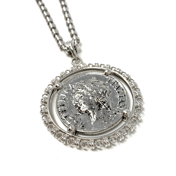Large Filary Pendant in Silver with Italia Coin in Antique Silver