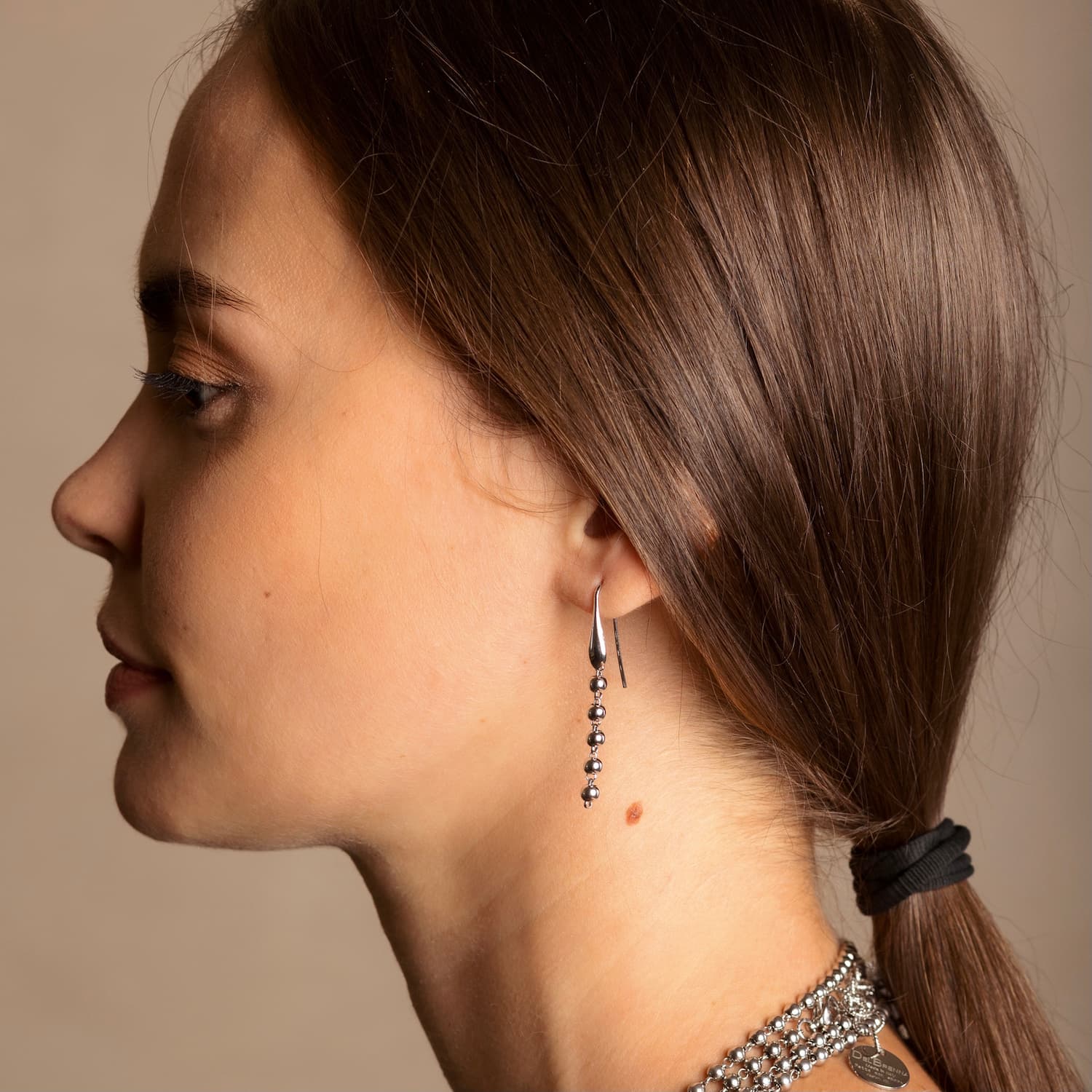 Beads 3mm Earrings in Silver, Long
