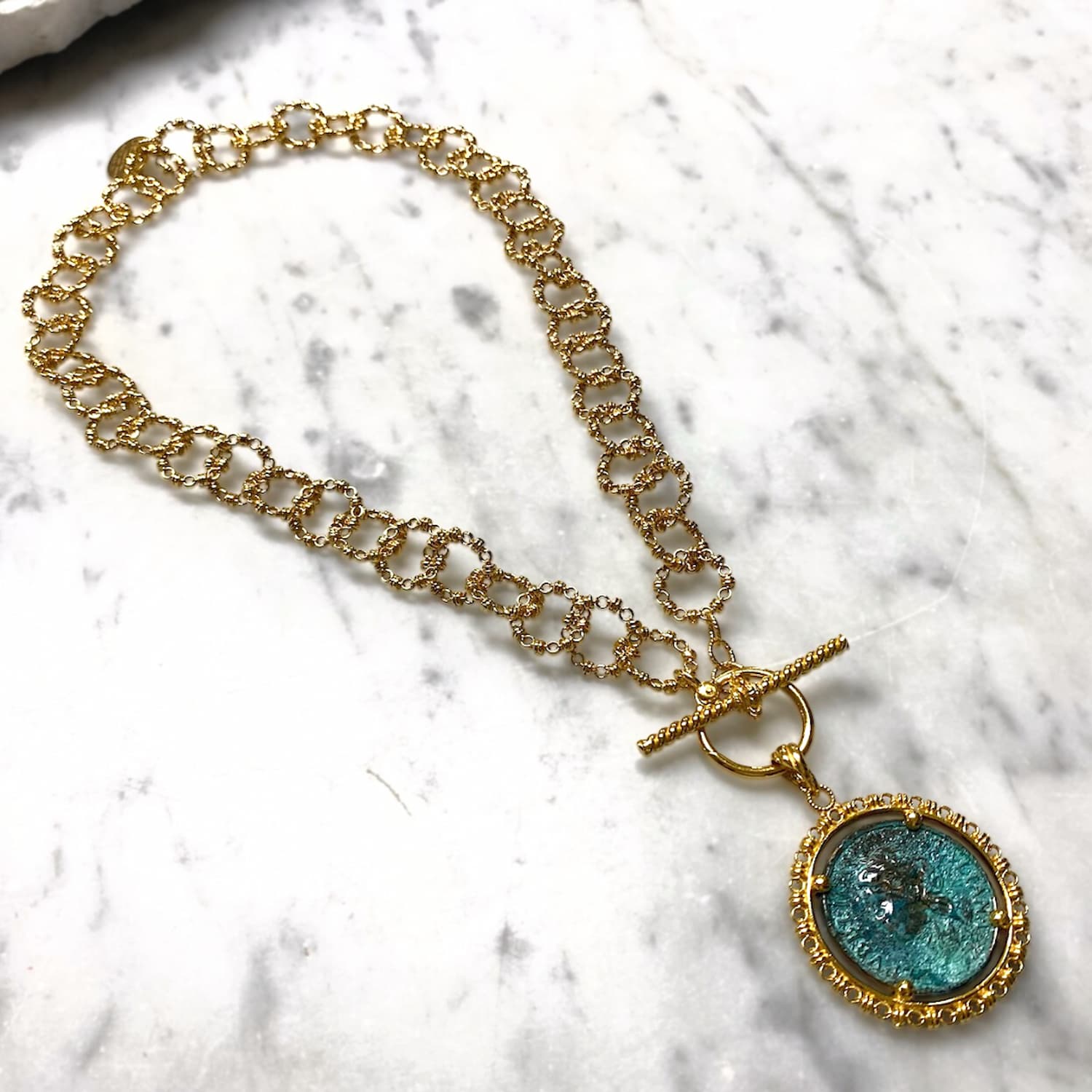 Large Filary Pendant in Gold with Italia Coin in Green Patina