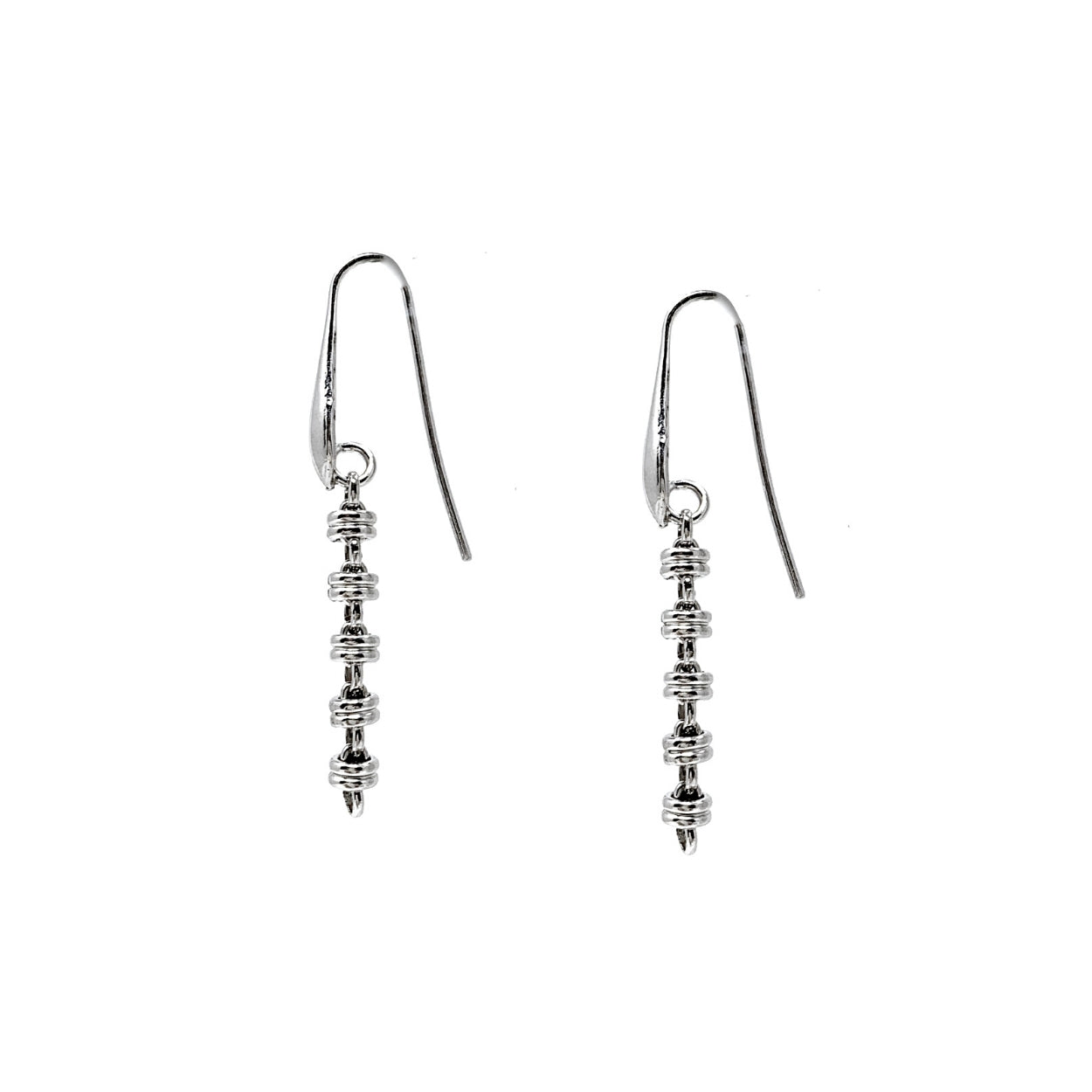 A side view of long silver chain earrings designed and hand-crafted by DelBrenna Italian Jewelers in Tuscany. The earrings are designed based on the iconic Links collection of DelBrenna silver chains, necklaces, rings, and bracelets. 