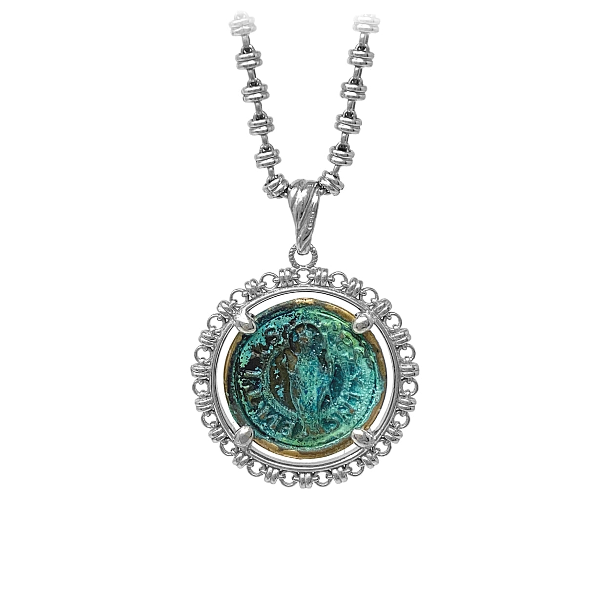 Filary Pendant in Green Patina & Silver with Cortona Coin