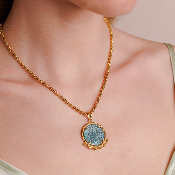 Demi Pendant in Gold with Cortona Coin in Green Patina