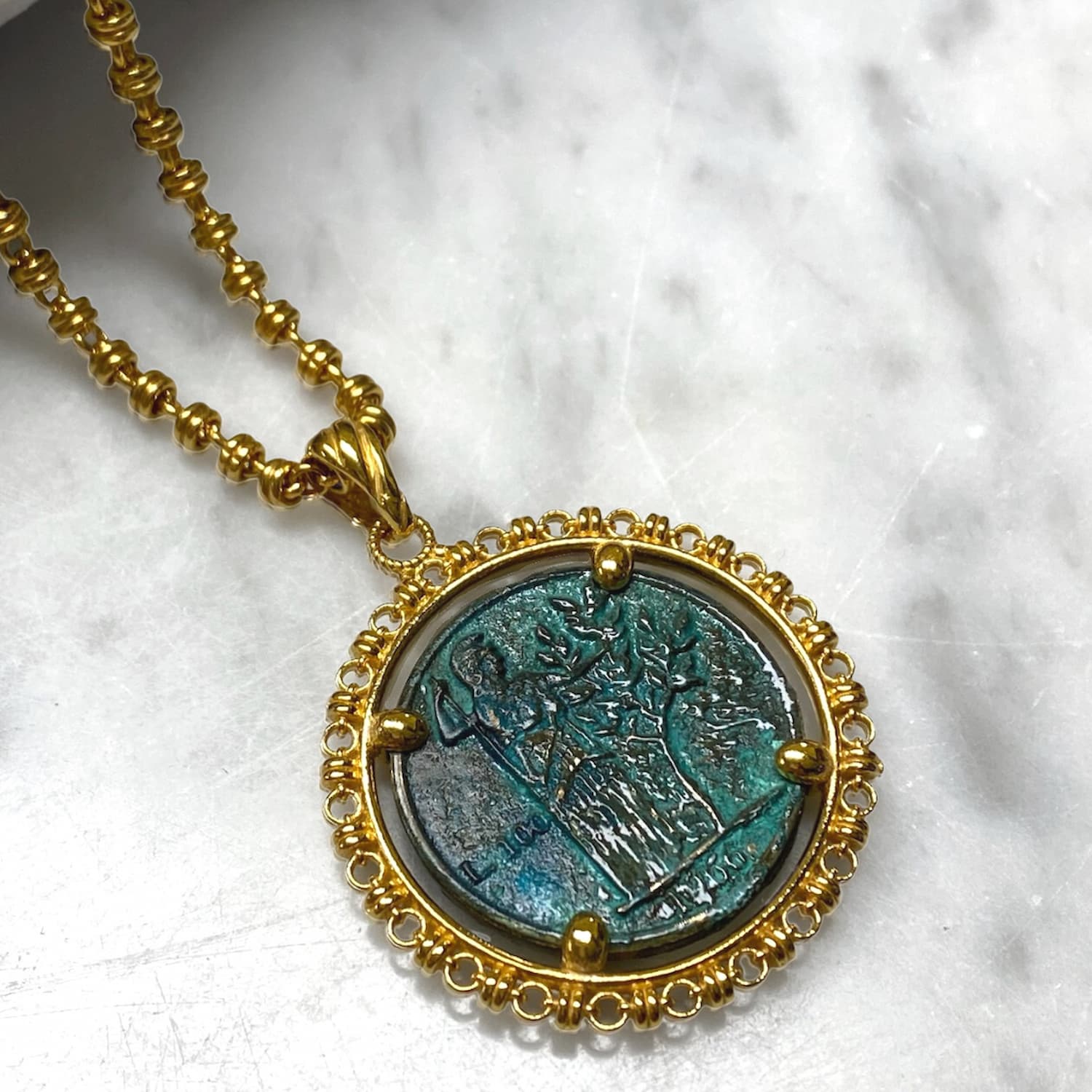 Large Filary Pendant in Gold with Italia Coin in Green Patina