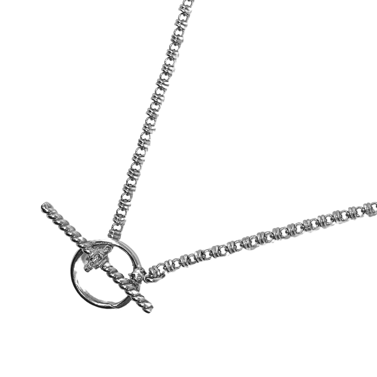A closeup of the silver toggle clasp on a silver necklace - the silver chain is from the Links 3mm collection from DelBrenna Italian Jewelry designers and artisans. Hand-crafted in Tuscany.