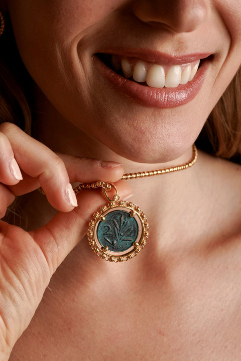 Filary Pendant in Gold with Bee Coin in Green Patina