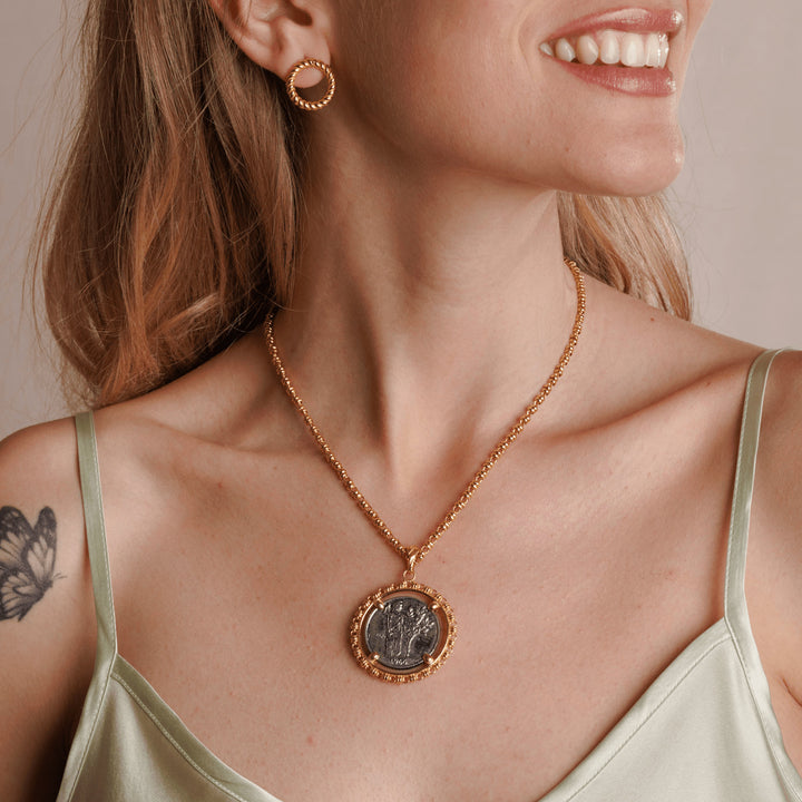 Large Filary Pendant in Gold with Italia Coin in Antique Silver