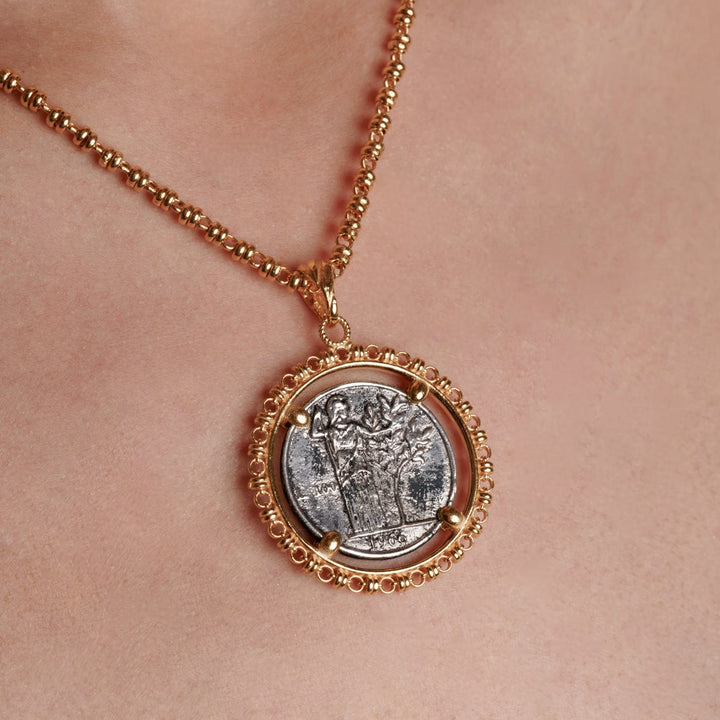 Large Filary Pendant in Gold with Italia Coin in Antique Silver